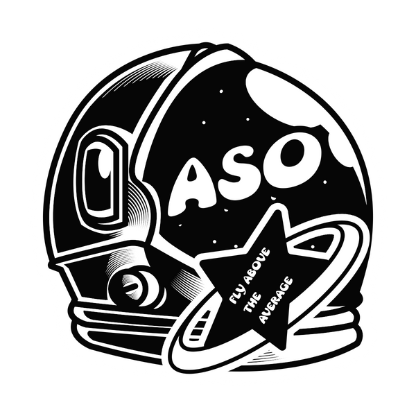 Black and white illustration of an astronaut helmet with 'ASO' and 'Fly Above the Average' text.